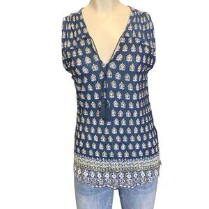 Lucky Brand Women's size m/m Boho v-neck top with tassels blue gold and green tr